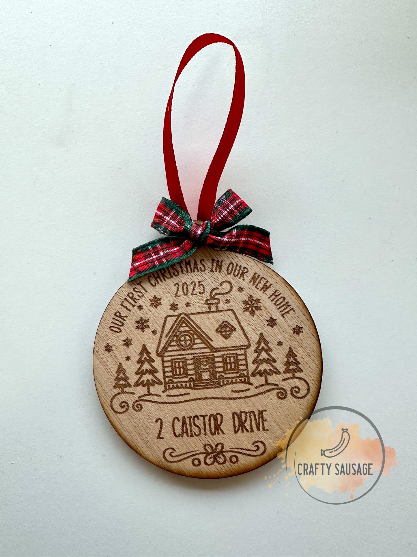Personalised “Our First Christmas in Our New Home” Wooden Bauble — FSC Certified