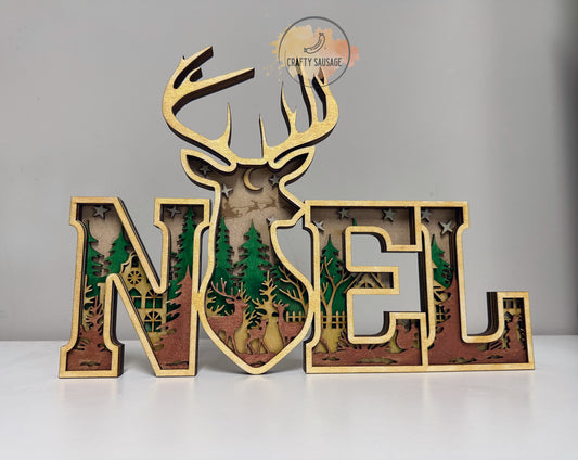 Layered Wooden “NOEL” Sign — 5-Layer Woodland Stag Design