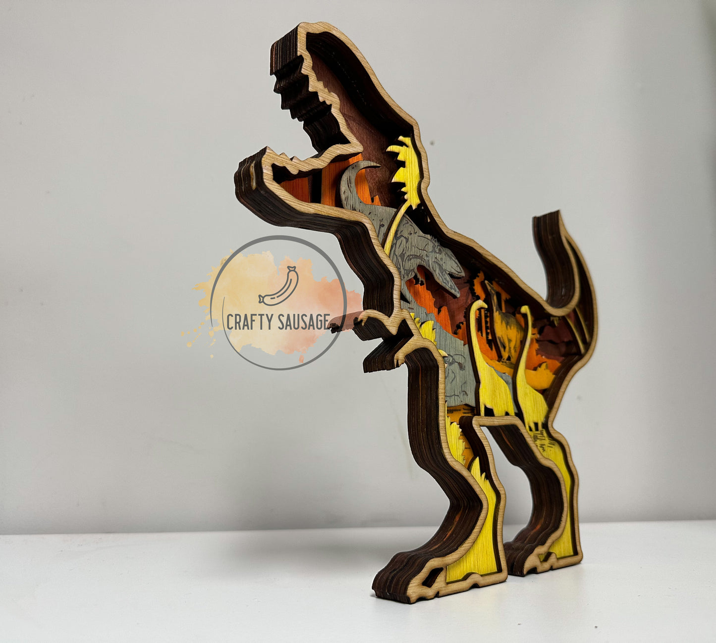 3D Layered Dinosaur Scene — Wooden Multi-Layer Design