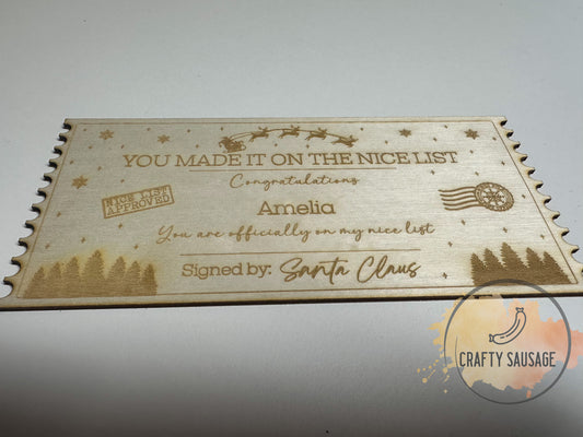 Personalised “Nice List Certificate” from Santa — Wooden Keepsake Ticket (FSC Certified)