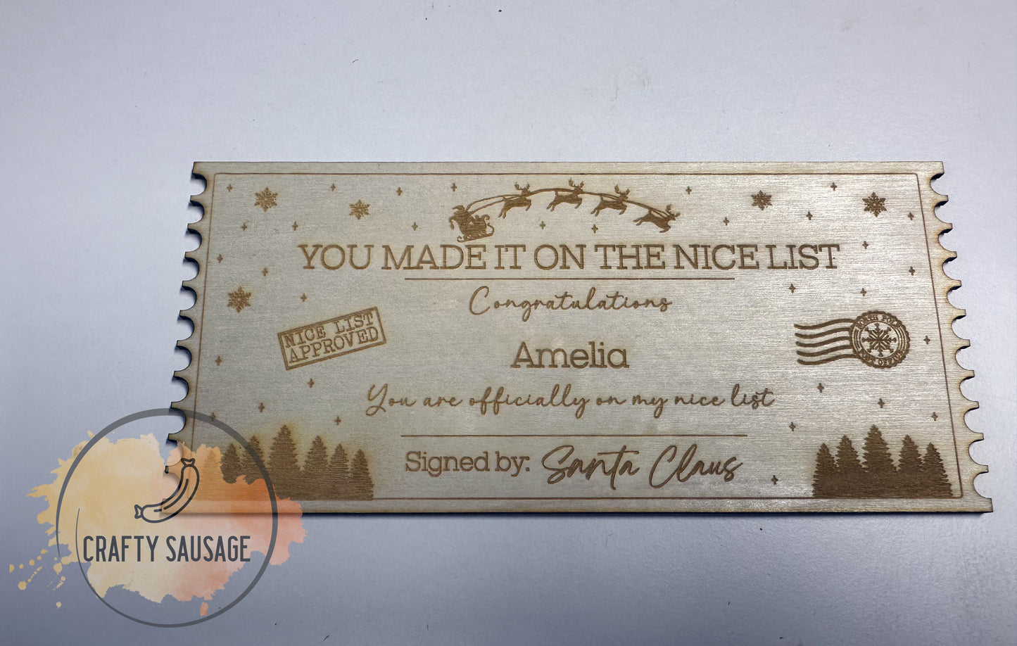 Personalised “Nice List Certificate” from Santa — Wooden Keepsake Ticket (FSC Certified)