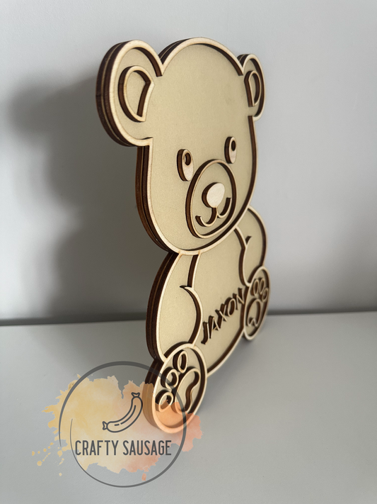 Personalised Teddy Bear Nursery Door Sign – Wooden Baby Name Plaque – Custom Laser Cut Wall Decor – Baby Shower Gift