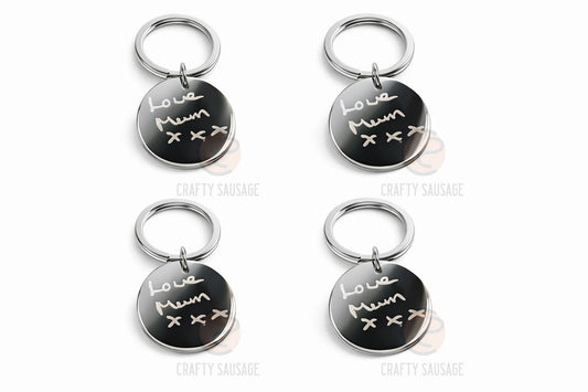 Four metal keychains with 'Love Mum' text on a white background