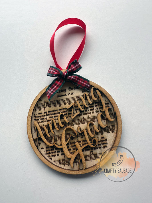 Amazing Grace Bauble – Layered Sheet Music & Lyrics Christmas Ornament – Inspirational Keepsake Gift