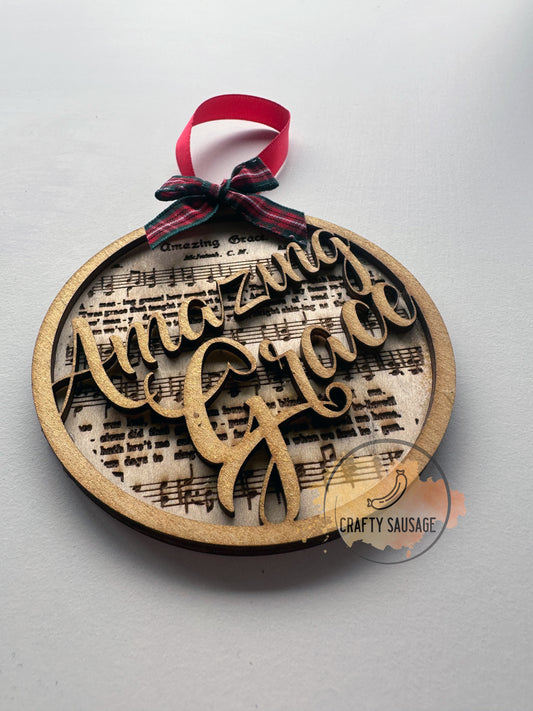 Amazing Grace Bauble – Layered Sheet Music & Lyrics Christmas Ornament – Inspirational Keepsake Gift
