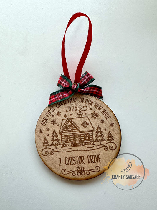 Personalised “Our First Christmas in Our New Home” Wooden Bauble — FSC Certified