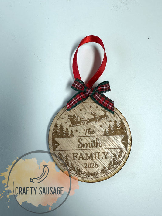 Personalised Family Name Christmas Bauble — Santa & Reindeer Design (Wooden, FSC Certified)