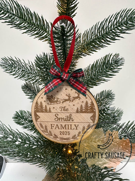Personalised Family Name Christmas Bauble — Santa & Reindeer Design (Wooden, FSC Certified)