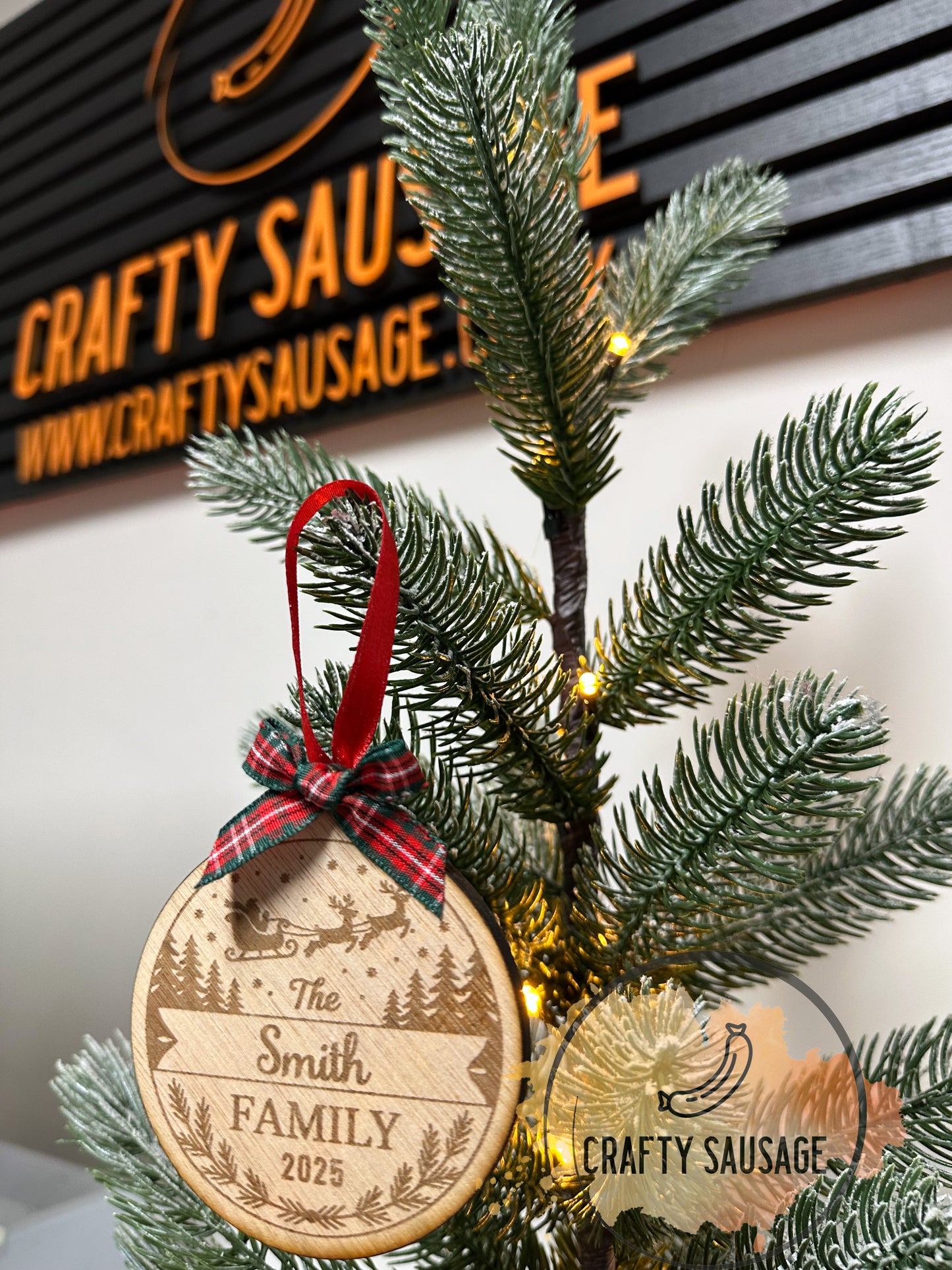Personalised Family Name Christmas Bauble — Santa & Reindeer Design (Wooden, FSC Certified)