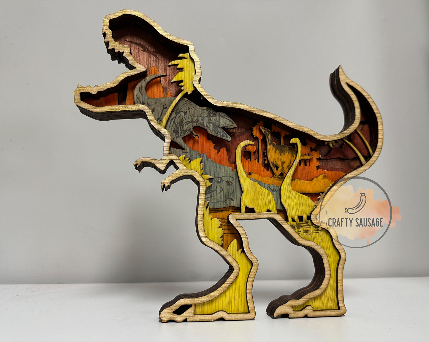 3D Layered Dinosaur Scene — Wooden Multi-Layer Design