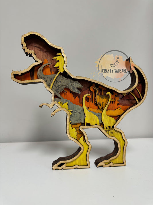 3D Layered Dinosaur Scene — Wooden Multi-Layer Design