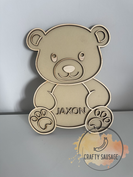 Personalised Teddy Bear Nursery Door Sign – Wooden Baby Name Plaque – Custom Laser Cut Wall Decor – Baby Shower Gift