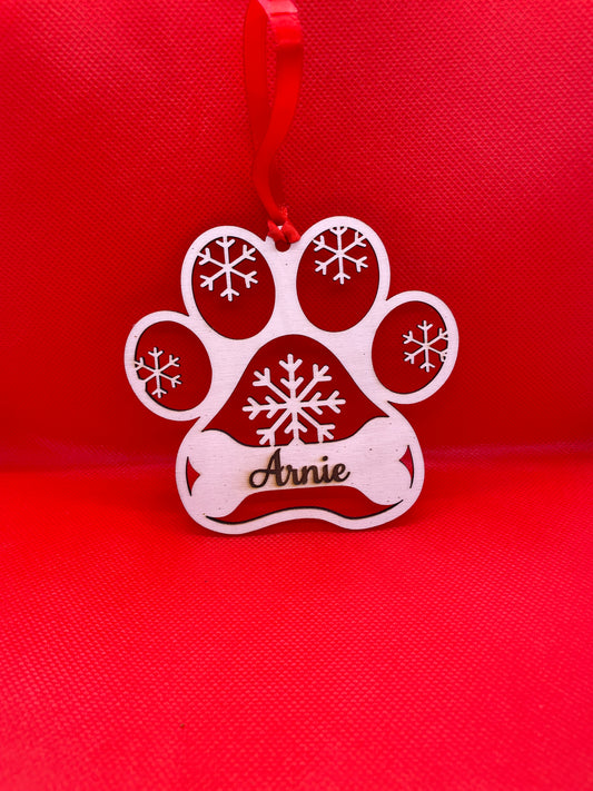 Personalised Dog Paw Print Bauble - Name on Bone