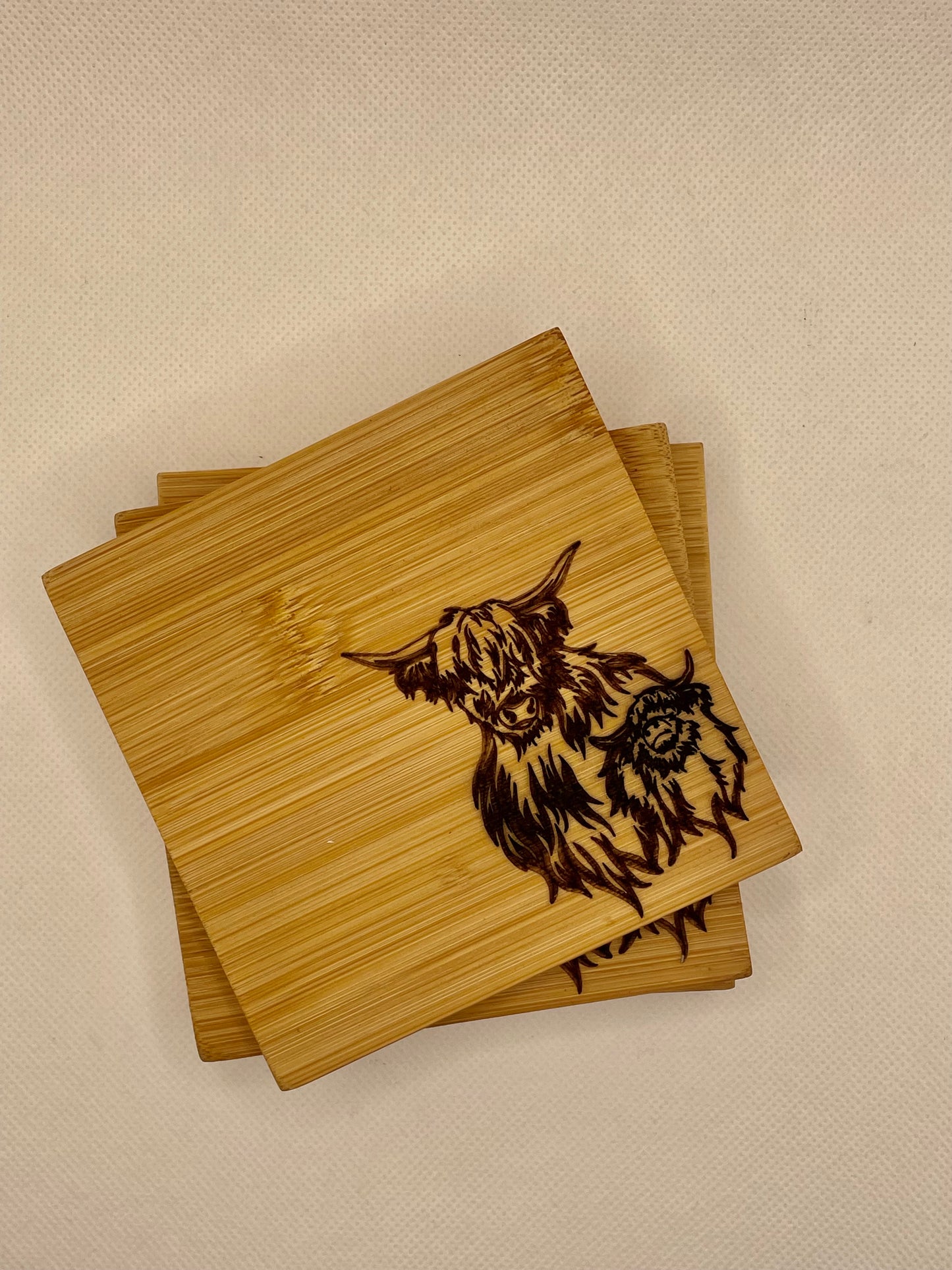 Highland Coo Set of 4 Engraved Bamboo Wood Coasters