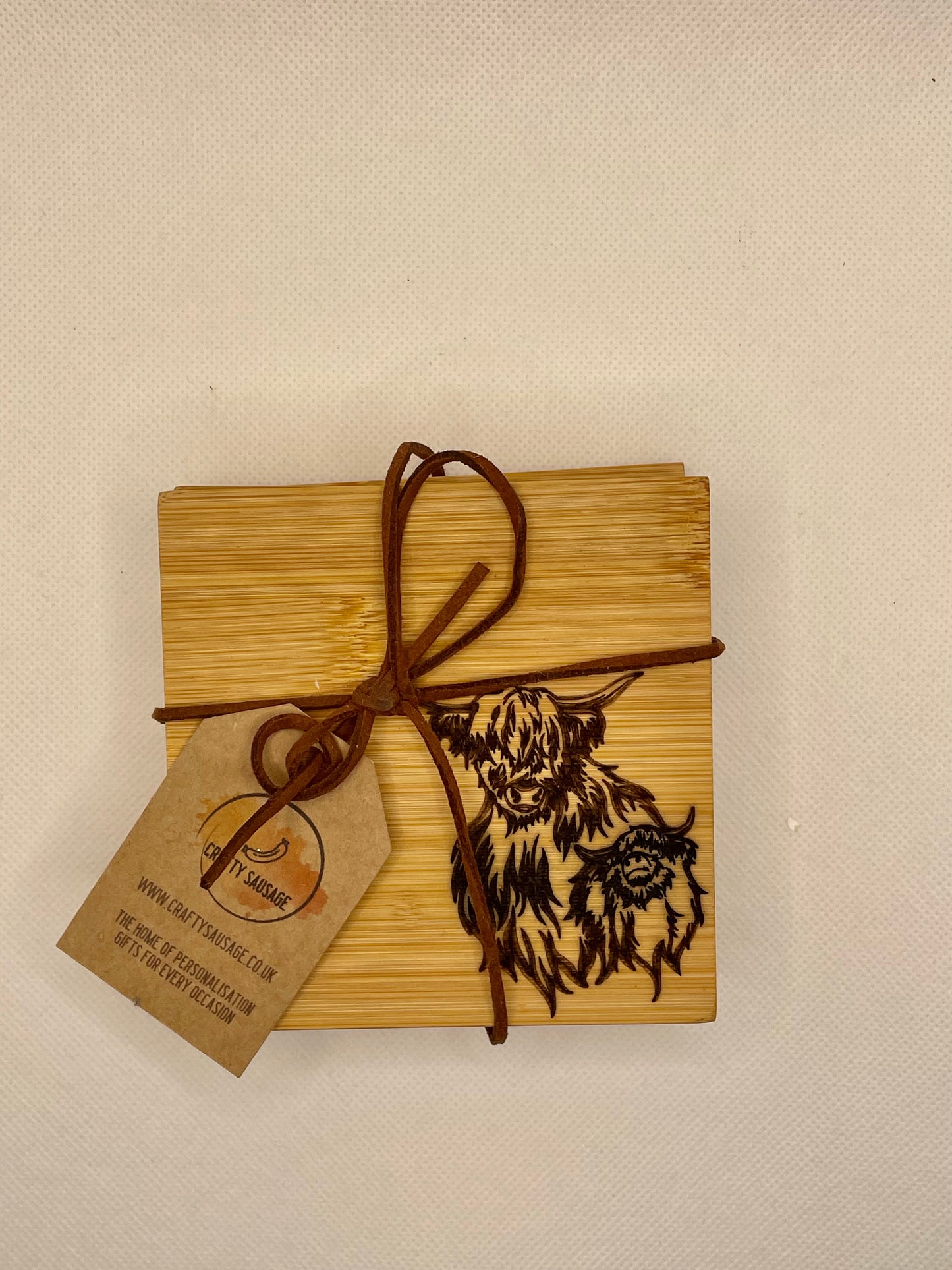 Highland Coo Set of 4 Engraved Bamboo Wood Coasters