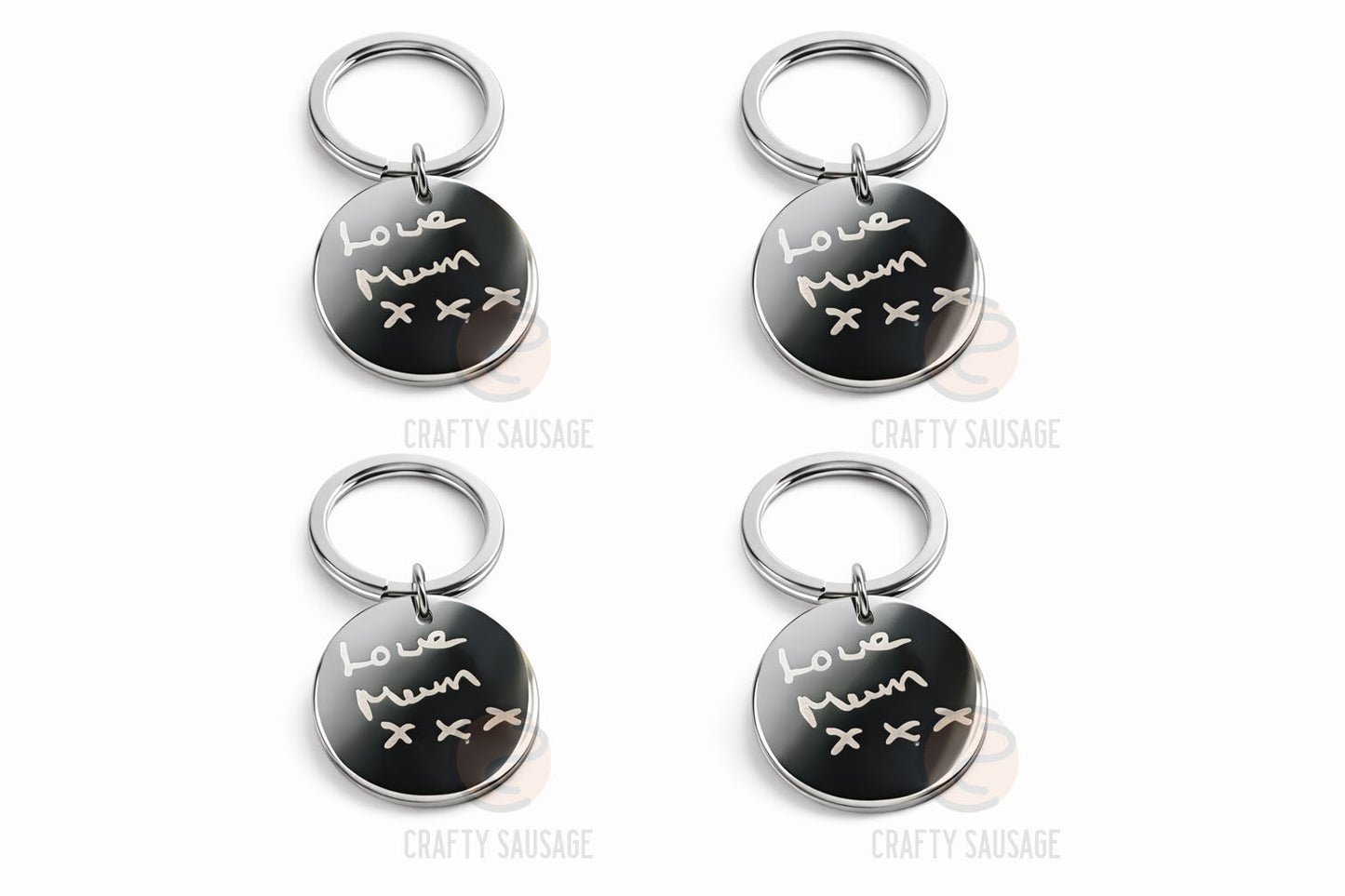 Four metal keychains with 'Love Mum' text on a white background
