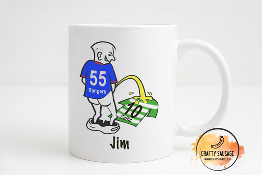 Personalised Rangers Celtic Pee Urinate Coffee, Tea, Mug Cup. Funny Rude Football Gift.